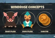 Concept art showing Windrose and Youtooz's boar plush, dodo plush, and coin pin options