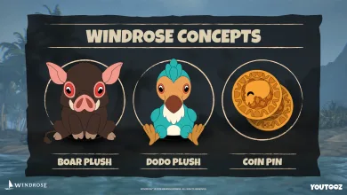 Concept art showing Windrose and Youtooz's boar plush, dodo plush, and coin pin options