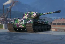 A brightly painted World of Tanks tank sits on a paved industrial area beneath mountains.