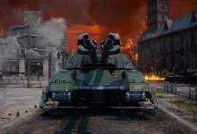 The twin-gun FV225 Collector tank stands in a burning city street surrounded by damaged buildings.