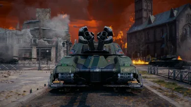 The twin-gun FV225 Collector tank stands in a burning city street surrounded by damaged buildings.