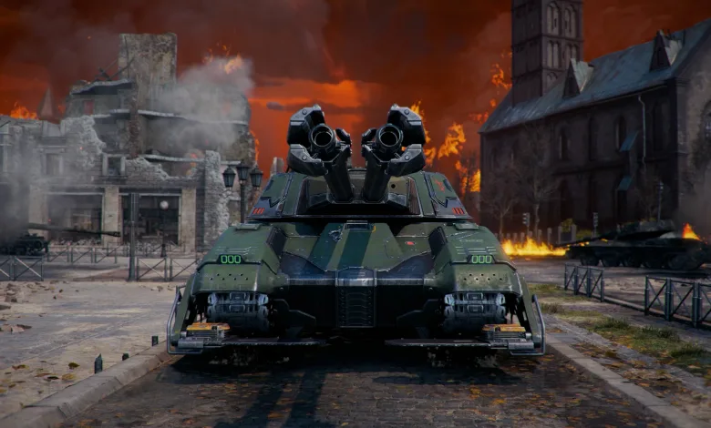 The twin-gun FV225 Collector tank stands in a burning city street surrounded by damaged buildings.
