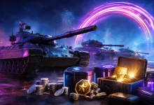 Neon-lit tanks beside glowing reward crates and resource items for the World of Tanks Neon Dash event