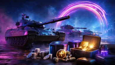 Neon-lit tanks beside glowing reward crates and resource items for the World of Tanks Neon Dash event