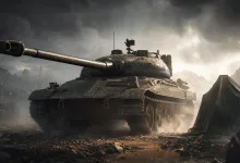 A World of Tanks Prototipo 6 tank positioned on a smoky battlefield beneath storm clouds
