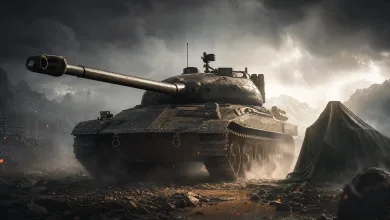 A World of Tanks Prototipo 6 tank positioned on a smoky battlefield beneath storm clouds