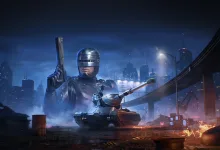 RoboCop stands behind the OCP Peacekeeper tank in a neon-lit city at night.