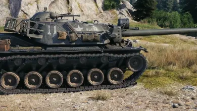 A World of Tanks tank drives through a forested mountain setting.
