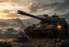 A combat tank sits on a smoky battlefield at sunset in a World of Tanks-inspired scene.