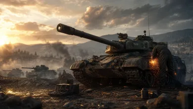 A combat tank sits on a smoky battlefield at sunset in a World of Tanks-inspired scene.