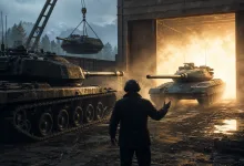 Armored tanks in a garage, with one suspended from a crane and another emerging through a bright doorway.