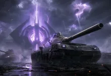 A dark armored tank sits beneath purple lightning and a glowing futuristic structure in a stormy battlefield.