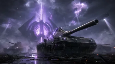 A dark armored tank sits beneath purple lightning and a glowing futuristic structure in a stormy battlefield.