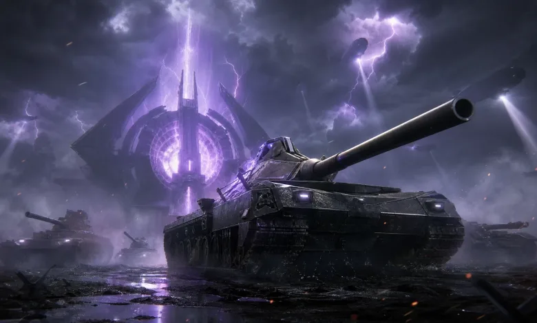A dark armored tank sits beneath purple lightning and a glowing futuristic structure in a stormy battlefield.