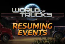 World of Trucks logo above the words Resuming Events between two trucks