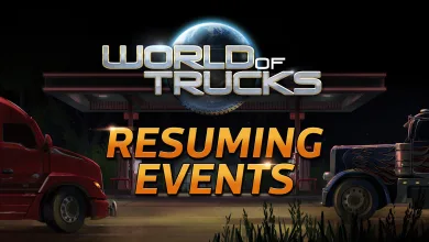 World of Trucks logo above the words Resuming Events between two trucks