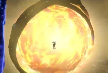 A lone figure floats before a huge glowing golden sphere in a dark World of Warcraft scene.