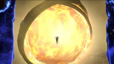 A lone figure floats before a huge glowing golden sphere in a dark World of Warcraft scene.
