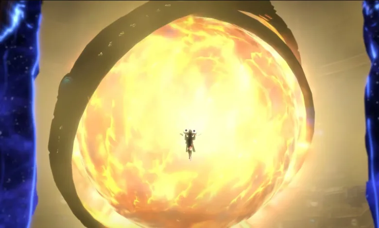 A lone figure floats before a huge glowing golden sphere in a dark World of Warcraft scene.