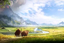 A pair of bears sit in a wide meadow beneath mountains in World of Warcraft: Forever.