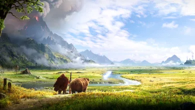 A pair of bears sit in a wide meadow beneath mountains in World of Warcraft: Forever.