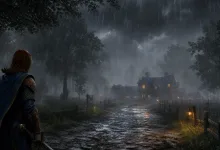 A cloaked adventurer walks a rain-soaked forest road toward a warmly lit medieval settlement in World of Warcraft: Forever.