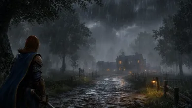 A cloaked adventurer walks a rain-soaked forest road toward a warmly lit medieval settlement in World of Warcraft: Forever.