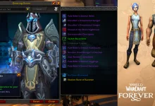 World of Warcraft: Forever Dressing Room showing the Lordaeron Forever tabard on a character, alongside related character models and the game's Forever branding