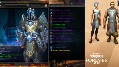 World of Warcraft: Forever Dressing Room showing the Lordaeron Forever tabard on a character, alongside related character models and the game's Forever branding