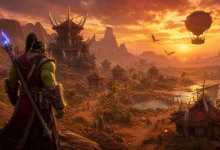 An orc mage with a glowing staff overlooks a desert settlement in a fantasy landscape.