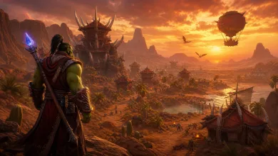An orc mage with a glowing staff overlooks a desert settlement in a fantasy landscape.