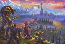 World of Warcraft: Forever adventurers stand on a ridge overlooking a fortified city and mountain landscape