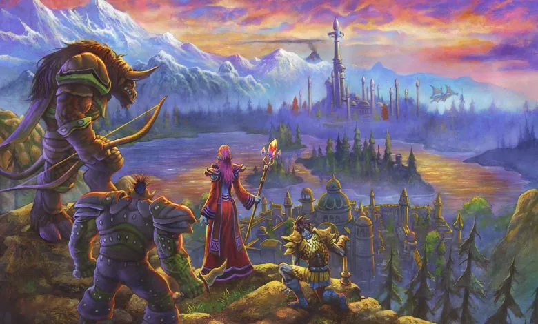 World of Warcraft: Forever adventurers stand on a ridge overlooking a fortified city and mountain landscape