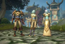 Three Skyborne characters stand in a temple courtyard in World of Warcraft: Forever