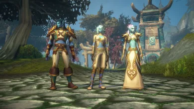 Three Skyborne characters stand in a temple courtyard in World of Warcraft: Forever