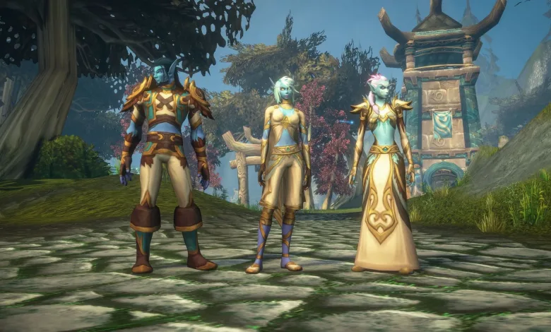 Three Skyborne characters stand in a temple courtyard in World of Warcraft: Forever
