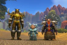 Three diverse World of Warcraft: Forever characters stand together in an outdoor landscape.