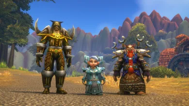Three diverse World of Warcraft: Forever characters stand together in an outdoor landscape.