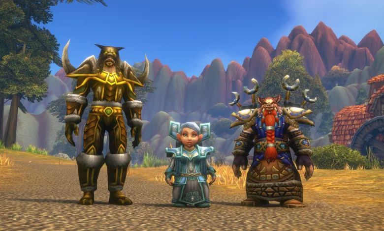 Three diverse World of Warcraft: Forever characters stand together in an outdoor landscape.