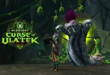 World of Warcraft: Midnight character standing beside the serpent-like Ula'tek in a dark cavern with green venomous growths and the Curse of Ula'tek logo