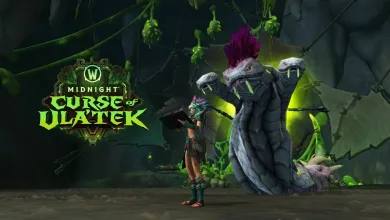 World of Warcraft: Midnight character standing beside the serpent-like Ula'tek in a dark cavern with green venomous growths and the Curse of Ula'tek logo