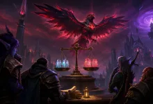 Fantasy adventurers gather around glowing balance scales beneath a red-winged creature in a dark World of Warcraft: Midnight scene.