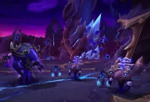 A group of World of Warcraft: Midnight characters battles enemies in a purple underground dungeon surrounded by glowing crystals.