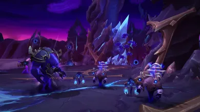 A group of World of Warcraft: Midnight characters battles enemies in a purple underground dungeon surrounded by glowing crystals.