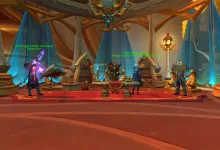Several World of Warcraft characters stand inside an ornate hall with red carpeting, columns, hanging fixtures, and blue-lit windows.