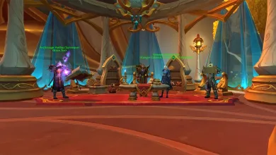 Several World of Warcraft characters stand inside an ornate hall with red carpeting, columns, hanging fixtures, and blue-lit windows.