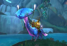 A player riding the blue and purple Sporebearer Fungal Strider through a glowing cavern in World of Warcraft