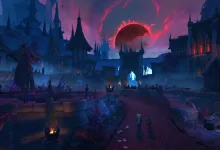 A dark gothic settlement beneath a blood-red moon in World of Warcraft's Talebound mode