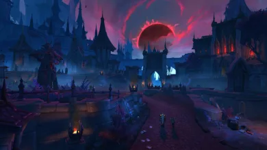 A dark gothic settlement beneath a blood-red moon in World of Warcraft's Talebound mode