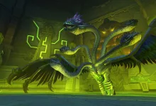 World of Warcraft scene showing the multi-headed Ula'tek boss in a green-lit cavern